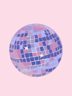 a pink and blue disco ball with white stars on it's side, against a light pink background