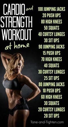 the cardio and strength workout at home poster is shown in black with green lettering