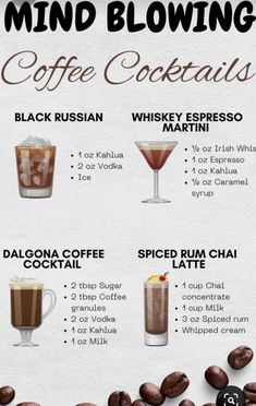 a poster with different types of drinks and their names on it, including coffee beans