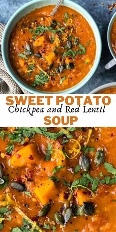 two bowls of sweet potato chickpea and red lentil soup