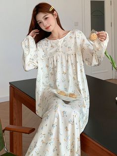 Ditsy Floral Loose Button-Front Nightgown White Cute  Long Sleeve Knitted Fabric Plants,All Over Print  Non-Stretch Fall/Winter Women Sleep & Lounge, size features are:Bust: ,Length: ,Sleeve Length: Floral Print Long Sleeve Nightgown For Loungewear, Casual Long Sleeve Nightgown With Floral Print, Casual Long Sleeve Floral Print Nightgown, Floral Print Long Sleeve Nightgown For Sleepovers, Long Sleeve Floral Print Nightgown For Sleepovers, Long Sleeve Buttoned Nightgown, White Floral Print Nightgown For Loungewear, Long Sleeve Buttoned Nightgown For Bedtime, White Floral Print Long Sleeve Nightgown