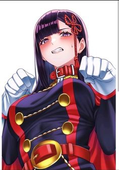 an anime character with long black hair wearing a red and blue uniform, posing for the camera