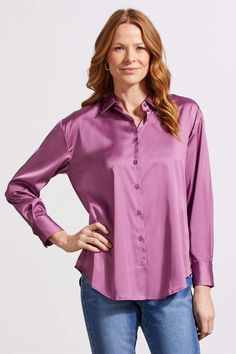 This button-up shirt takes two opposites and unites them in a way we never thought possible‚Ç¨‚Äùan elegant flowy fit thanks to smooth satin fabric and a sharply-styled appearance with a crisply collared neckline. We love the long sleeves with button-adorned cuffs, drop shoulders, and high-low shirttail hem. Style: 7935O-4870-0327 Satin Button Up, Hem Style, Knitwear Cardigan, Sweaters Knitwear, Summer Cotton, Blazer Coat, Button Up Shirt, Satin Fabric, Jeggings