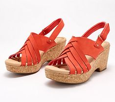 It's gonna be a haute one this summer. Beat the heat and stay in style with Giselle Glow. This sweet sandal sends out vacay vibes with its woven straps and sturdy cork-wrapped wedge heel. Make it your firm foundation for everything from casual capris to fancy frocks. (We like to pair 'em with flared denims and a fringed bag for an oh-so retro look.) From Clarks Footwear.\n\nOriginal item is A596102. This product may be a customer return, vendor sample, or on-air display and is not in its origina Spring Beach Wedge Sandals With Cork Material, Spring Beach Cork Wedge Sandals, Cork Sandals For Beach In Summer, Cork Sandals For Beach And Summer, Summer Beach Cork Sandals, Cork Sandals For Spring Vacation, Spring Vacation Cork Sandals, Casual Cork Wedge Sandals For Summer, Summer Cork Sandals With Cushioned Footbed