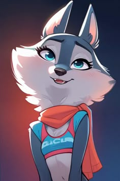 a drawing of a fox with blue eyes and a red scarf around its neck, standing in front of a dark background