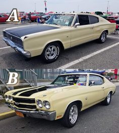 an old car is shown before and after it was painted yellow with black stripes on the hood