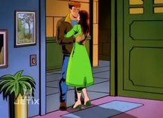 an animated image of a man and woman hugging in front of the door to their home