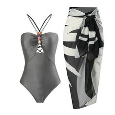 Color: Dark Gray, Set: Bikini & Dress, Size: S Beach Wrap Skirt, Grey Swimsuit, Retro Bathing Suits, French Retro, Cut Out Swimsuits, Monokini Swimsuits, Print Swimsuit, One Piece For Women, One Piece Swimwear