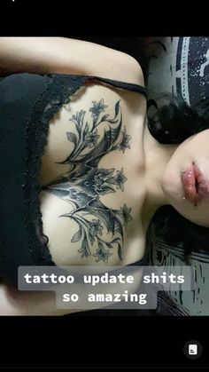 I really like bats and i want a tatto on my chest i just think her tattoos perfect Bats Chest Tattoo, Goth Back Tattoo, Cute Chest Tattoo Female, Gothic Chest Tattoo, Bat Sternum Tattoo, Goth Chest Tattoo, Bat Chest Tattoo, Chest Tattoo Cover Up, Goth Tattoo