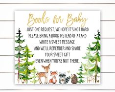 a baby shower sign with woodland animals in the woods and words that say, book to baby