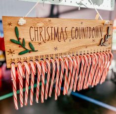 Christmas Countdown Candy Canes Candy Cane Christmas Countdown Sign, Candy Cane Advent Calendar Diy, Candy Cane Advent Calendar, Candy Cane Countdown, Christmas Countdown Ideas, Shutters Decor, Woodworking Christmas Gifts, Xtool Projects, Wood Advent Calendar