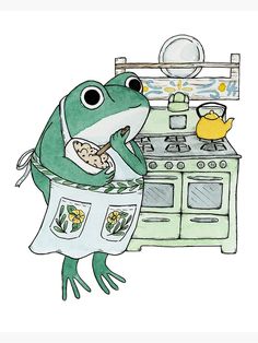 a frog is cooking in the kitchen while wearing an apron