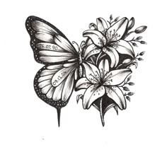 a black and white drawing of a butterfly with flowers