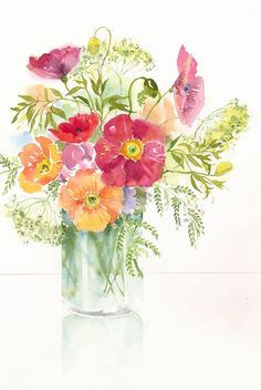 a watercolor painting of an arrangement of flowers in a vase on a white surface