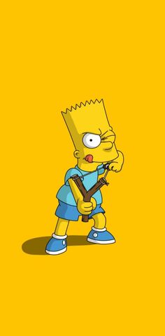 the simpsons character is holding a guitar in his right hand and looking at something on the other