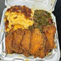 chicken, macaroni and cheese in a foam container