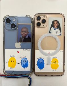 an iphone case with two pictures on it and a camera attached to the back cover