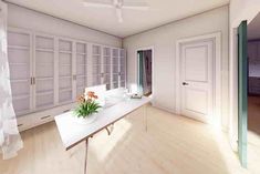 an empty room with white walls and wooden flooring is shown in this artist's rendering