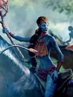 a painting of a woman riding on the back of a blue horse with an arrow in her hand