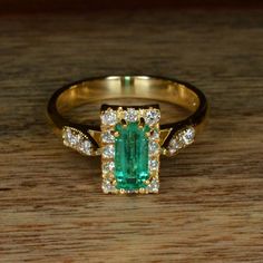 Art Deco Inspired Natural Emerald and Diamond Ring Set In 18k and 24k Yellow Gold Art Deco Diamond Ring Engagement, Brilliant Cut Diamond Ring, Emerald And Diamond Ring, Diamond Ring Settings, Bling Rings, Art Deco Diamond, Art Deco Inspired, Miami Fl, Natural Emerald