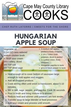 the recipe for hungarian apple soup is shown in this poster with information about how to cook it