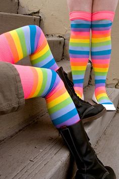 By Leg Avenue Thigh High Sock, Colour Therapy, Calf Stretches, Rainbow Socks, How To Wear Leggings, Neon Stripes, Striped Tights, Rainbow Outfit, Neon Rainbow