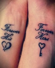 two tattoos that say forever and never with keys on their wrists, one has a key in the shape of a heart