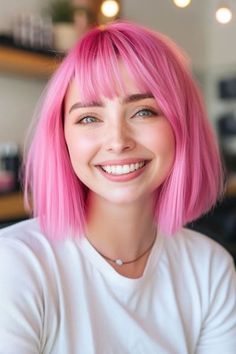 35 Stunning Medium-Length Hairstyles with Bangs - The Hairstyle Edit Short Braid Hair, Braid Hair Ideas, Bangs Inspiration, Short Braid, Pink Short Hair, Women's Haircuts, Pink Bob, Medium Length Hair With Bangs, Long Bob With Bangs