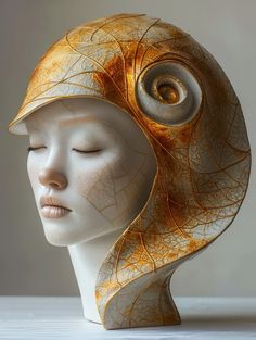 a white mannequin head with a yellow and brown design on it's face