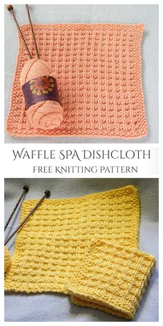 two pictures showing different types of crocheted blankets and knitting needles, with text that reads waffle spadish cloth free knitting pattern