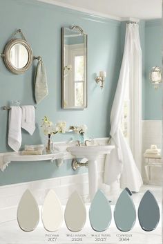 Watery: Add a Tranquil Aqua Tone to Your Bathroom with Watery Walls! [2024] Country Rustic Bathroom Ideas Paint Colors, Bathroom Color Combinations Master Bath, Palladian Blue Benjamin Moore Bathroom, Gray And Aqua Bathroom, Pastel Room Colors Paint, Bathroom Paint Inspiration Color Schemes, Seafoam Blue Bathroom, Pale Blue Bathroom Walls, Paint Colors For Craft Room