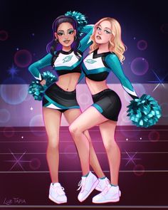 two women in cheerleader outfits standing next to each other