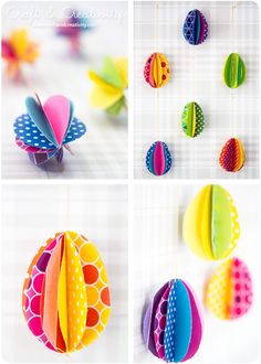 four different pictures of colorful paper flowers and butterflies on a white background, each with an origami butterfly in the center