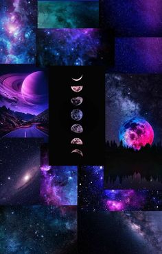 the planets and stars are shown in this collage, with different colors on them