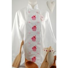 CUPCAKE White Chef's Jacket with long sleeves found on Polyvore Cupcake Accessories, Cupcake Boutique, Chef Cake, Baking Photography, Bakery Sign, Chef Shirts, Bakery Decor