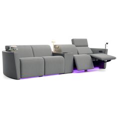 a grey couch with two recliners and a table in front of it on a white background