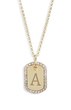 Personalize your everyday ensemble with this chain necklace suspending a dog-tag pendant with you or a loved one's initial. 18" length Total diamond weight: 0.20ct. Color: G–H Clarity: SI1 Sterling silver/goldtone plate/diamond Made in Italy Diamond Guide Initials Dog Tag Jewelry For Anniversary, Gold Dog Tag Charm Necklaces, Gift Dog Tag Necklace With Cable Chain, Gold Dog Tag Necklace With Initials, London Accessories, Dog Tag Pendant, Diamond Guide, Flip Flop Slippers, Clutch Pouch