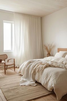 Minimalist bedroom decor with aesthetic and neutral style, wood bed, jute area rug, white curtains Home Aesthetic Cozy, Elegant Bedroom Decor