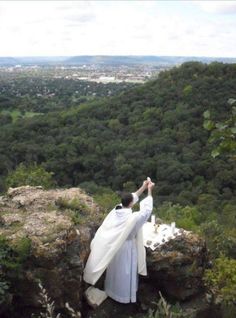 a man standing on top of a cliff next to a lush green forest