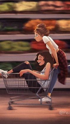 two women are sitting in a shopping cart and one is leaning on the back of another woman