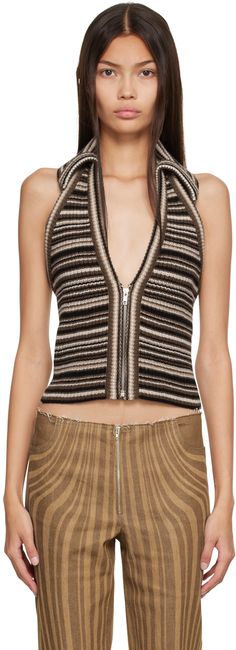 Rib knit virgin wool and cashmere-blend tank top. Striped pattern throughout. · Spread collar at plunging V-neck · Zip closure · Low back Supplier color: Brown stripe 2024 Predictions, Knitwear Details, Spring Knitwear, Tank Top Pattern, Retro Sports, Sleeveless Tops, Date Night Dresses, Striped Tank Top, Striped Tank