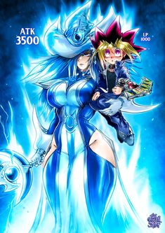 two anime characters hugging each other in front of a blue background with the words, atk 3500