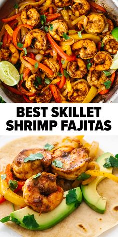 Shrimp fajitas in a skillet and shrimp tacos. Shrimp Tacos Marinade, Seasoning For Shrimp Tacos, Shrimp Tacos Seasoning Recipes, Shrimp Fajitas Seasoning, Shrimp Seasoning For Tacos, Shrimp Tacos Seasoning, Fajita Shrimp Recipe, Shrimp Marinade For Tacos, Shrimp Fajita Tacos