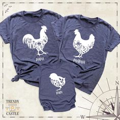 Rooster Hen Chick Shirt, Family Chicken Tee, Mama Papa Baby Rooster Shirt, Chicken Mom Shirts, Chicken Tee, Farm Gift Shirt, Farm Animal Tee Rooster Hen Chick Shirt is the perfect choice for farm-loving families who adore their feathered friends! Whether you're a proud chicken mom, dad, or raising future farmers, this Family Chicken Tee beautifully captures the charm of farm life. Featuring a delightful design with a rooster, hen, and chick, it's an ideal gift for any chicken enthusiast. This Ma Fitted Cotton Tops For Family Matching, Family Matching Short Sleeve Shirt With Funny Print, Blue Family Matching Tops With Funny Print, Family Matching Tops With Custom Print, Family Matching Fitted Shirt With Short Sleeves, Blue Tops With Funny Print For Family Matching, Family Matching Funny Print Short Sleeve Tops, Family Matching Tops With Funny Print Short Sleeve, Farm Event