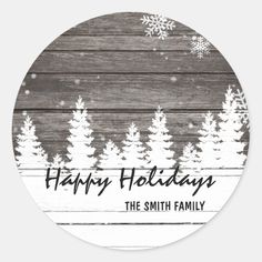 a merry holiday sticker with trees and snowflakes