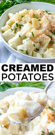 two pictures showing different types of creamed potato casserole