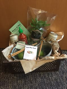 an assortment of condiments in a basket with a note that says just the yogurt