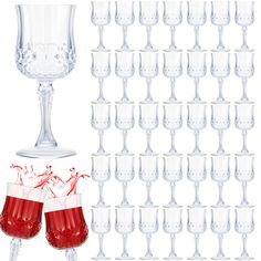 many wine glasses are lined up next to each other and one is filled with red liquid