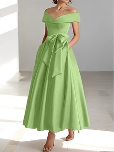 A-Linien-Kleid für Hochzeitsgäste, elegantes Kleid, halbformelles Kleid, wadenlang, kurze Ärmel, schulterfrei, Tasche, Satin mit Schleife(n), 2024 2024 - $118.99 Vermilion Red, Dress Wedding Guest, Dresses Elegant, Moda Vintage, Bride Dresses, Tea Length, Kentucky Derby, British Indian, Mother Of The Bride Dresses