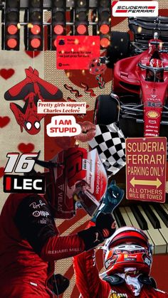 a collage of race cars and racing driver's gear in red, white, and black